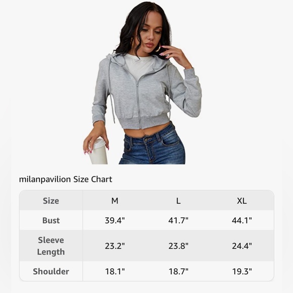 Milanpavilion Zip Up Cropped Grey Drawstring Hoodie Jacket Casual Long Sleeve - Picture 3 of 15